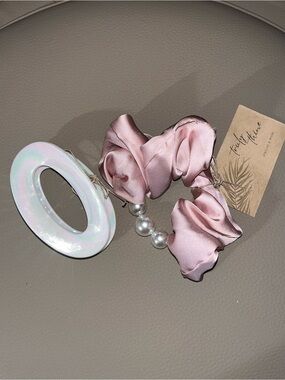Pink Satin Pearl Scrunchie Bracelet and Hair Clip
